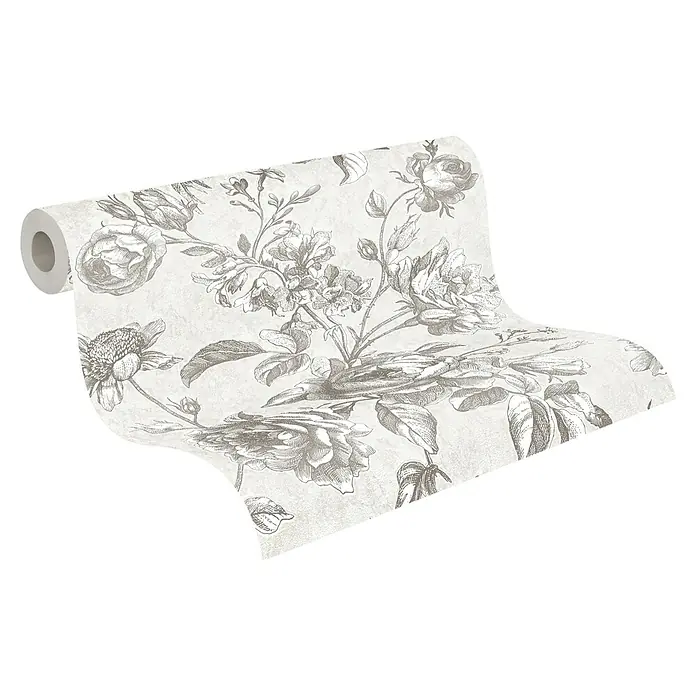 A.S. Création My Home My Spa Vliestapete Rose - Weiß/Grau, Floral, 10,05 x 0,53 m - Rolle mit floral gemusterter Vliestapete, klassisches Design mit Rosen und Blättern, ideal für elegante Wandgestaltung im Wohnbereich.
