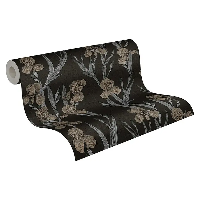 A.S. Création Daniel Hechter 6 Vliestapete Blumen - Schwarz/Braun, Floral, 10,05 x 0,53 m - Eine Rolle dunkler Tapete mit einem floralen Iris-Design in Beige und Grau. Ideal für elegante Wohnräume mit einem Hauch von Natur.