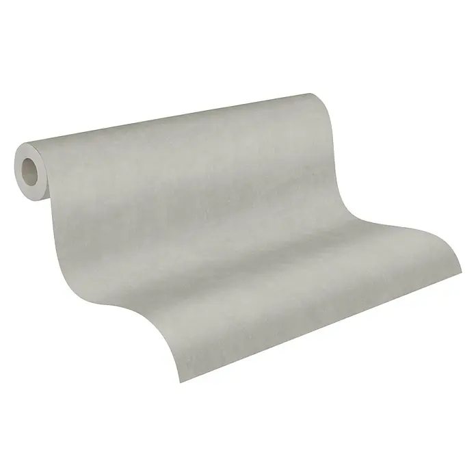 A.S. Création Cuba Vliestapete - Beige, Uni, 10,05 x 0,53 m - Nahaufnahme einer Rolle hellgrauer Beton-Look-Tapete, ideal für moderne Innenräume, die eine schlichte, elegante Wanddekoration suchen.