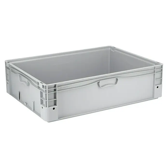 Surplus Systems Eurobox - L x B x H: 80 x 60 x 22 cm, Kunststoff, Grau - Ein grauer, leerer Kunststoffbehälter, ideal für Lagerung und Transport. Er ist robust und stapelbar, was ihn vielseitig einsetzbar macht.