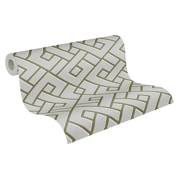 A.S. Création Michalsky 4 Vliestapete Meander - Grau/Gold, 3D-Optik, 10,05 x 0,53 m - Nahaufnahme einer Rolle gemusterter Tapete, die ein modernes, geometrisches Design in Grau- und Beigetönen zeigt. Perfekt für stilvolle Innenräume.