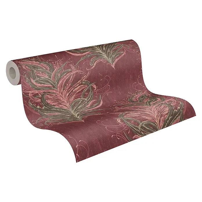 A.S. Création Mata Hari Vliestapete Federn - Rot/Braun, Tieroptik, 10,05 x 0,53 m - Eine Rolle bordeauxrote Tapete mit einem eleganten Federdesign, die jedem Raum einen Hauch von Luxus verleiht.