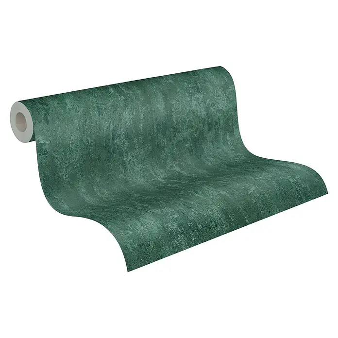 A.S. Création Trendwall 2 Vliestapete Rostoptik - Rost/Grün, Metalloptik, 10,05 x 0,53 m - Eine Rolle grüner Rauhfasertapete mit einer unebenen Textur, die eine rustikale und natürliche Ästhetik bietet.