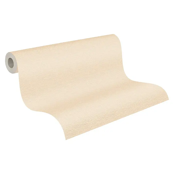 A.S. Création Trendwall 2 Vliestapete - Creme, Uni, 10,05 x 0,53 m - Nahaufnahme einer Rolle cremefarbener Tapete mit dezenter Textur auf einem schwarzen Hintergrund.