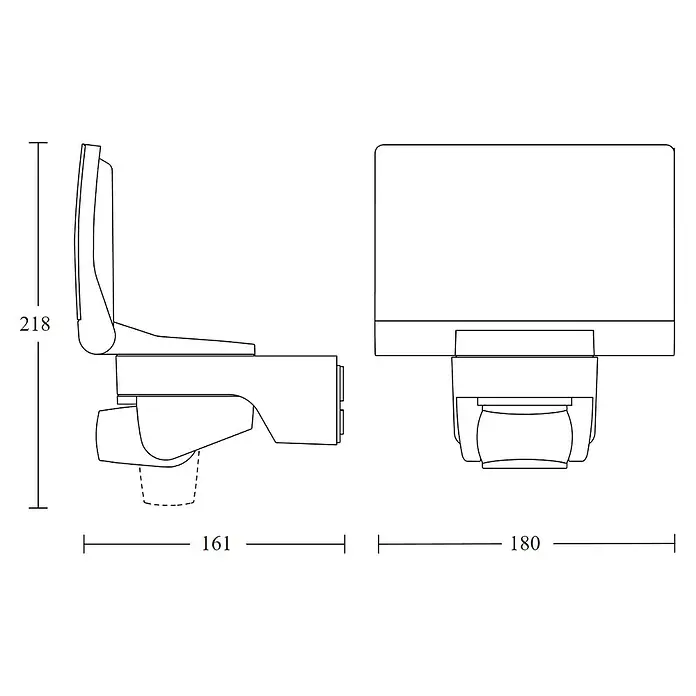 Steinel LED-Sensor-Strahler XLED home 2 S graphit - 13,7 W, L x B x H: 161 x 180 x 218 mm, Graphit, IP44 - Schematische Darstellung einer Toilette mit den Maßen 218 mm Höhe, 161 mm Länge und 180 mm Breite. Ideal für Badplanungen.