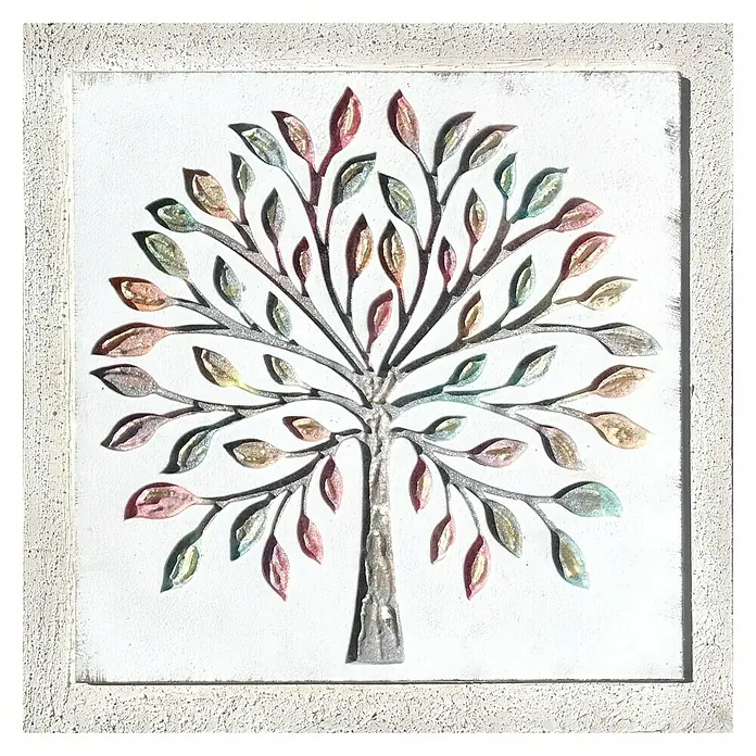 Cuadro con relieve Naturaleza - Nature, An x Al: 40 x 40 cm - Arte mural decorativo con árbol en relieve y hojas coloridas sobre fondo blanco, enmarcado en blanco rústico.