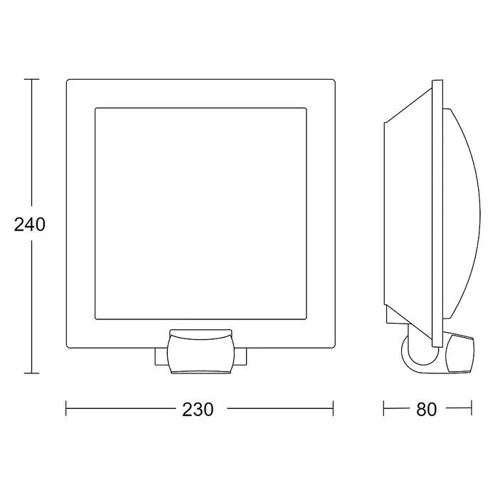 Steinel Sensor-Außenleuchte L 20 S Edelstahl - 60 W, 8 x 24 x 23 cm, Weiß/Silber, IP44 - Abbildung eines quadratischen Produkts mit den Maßen 240 x 230 mm, Seitenansicht mit einer Tiefe von 80 mm. Technische Zeichnung.
