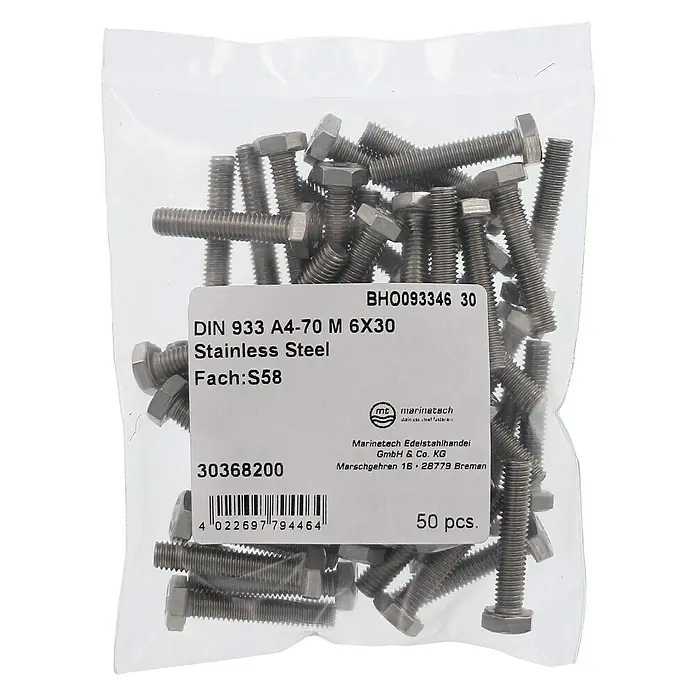 Marinetech Sechskantschraube - M 6, Länge: 30 mm, Edelstahl, A4, 50 Stk. - Eine Tüte mit DIN 933 A4-70 M 6X30 Edelstahlschrauben von Marinetech Edelstahlhandel, ideal für verschiedenste Anwendungen.