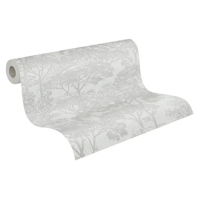 A.S. Création Cuba Vliestapete Wald - Beige/Weiß, Floral, 10,05 x 0,53 m - Detailaufnahme einer Rolle weißer Waldtapete mit zarten Baumzeichnungen, perfekt für ein ruhiges, natürliches Ambiente in jedem Raum.