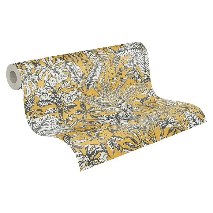 A.S. Création Daniel Hechter 6 Vliestapete DschungelGelb, Floral, 10,05 x 0,53 m - Eine Rolle gelbe Dschungel-Tapete mit üppigem Blattmuster in Schwarz und Weiß, die sich perfekt für eine stilvolle Wandgestaltung eignet.