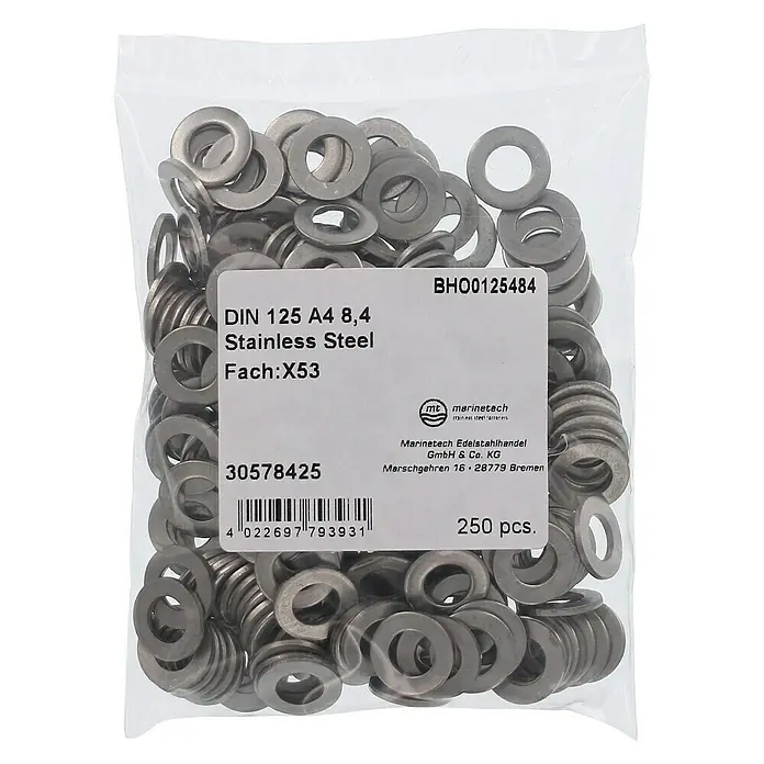 Marinetech Unterlegscheibe - Innendurchmesser: 8,4 mm, Außendurchmesser: 16 mm, A4, Edelstahl, 250 Stk. - Eine durchsichtige Tüte mit 250 DIN 125 A4 8,4 Unterlegscheiben aus Edelstahl, ideal für diverse Befestigungsanwendungen.