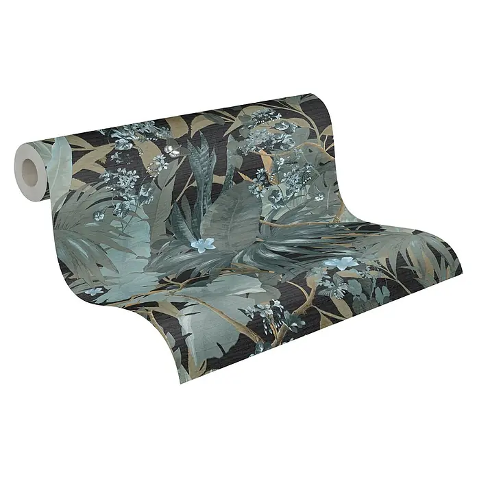 A.S. Création Desert Lodge Vliestapete Dschungel - Blau/Schwarz, Floral, 10,05 x 0,53 m - Rolle dunkler Dschungel-Tapete mit Palmenblättern und Blumenmustern, die eine exotische und natürliche Atmosphäre schafft.