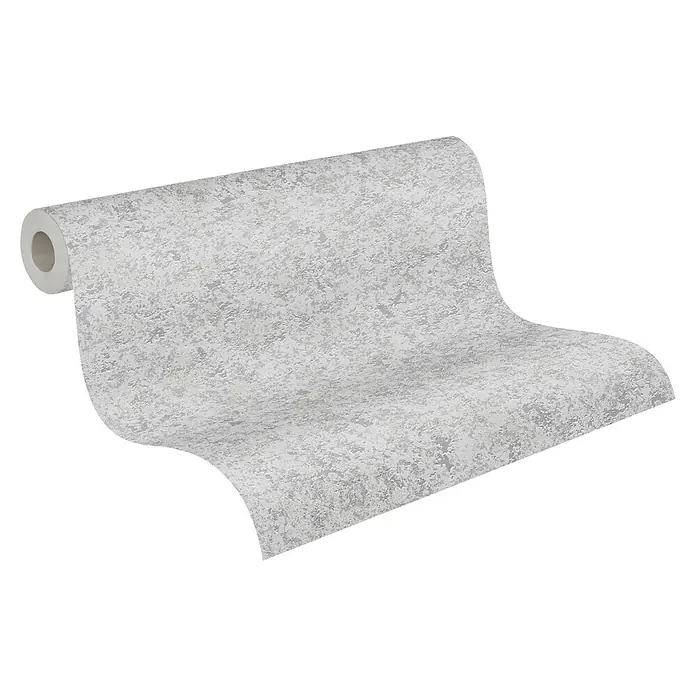 A.S. Création Attractive Vliestapete - Grau/Silber, Uni, 10,05 x 0,53 m - Nahaufnahme einer Rolle grauer, strukturierter Tapete, die ein modernes und elegantes Design für die Wandgestaltung zeigt.