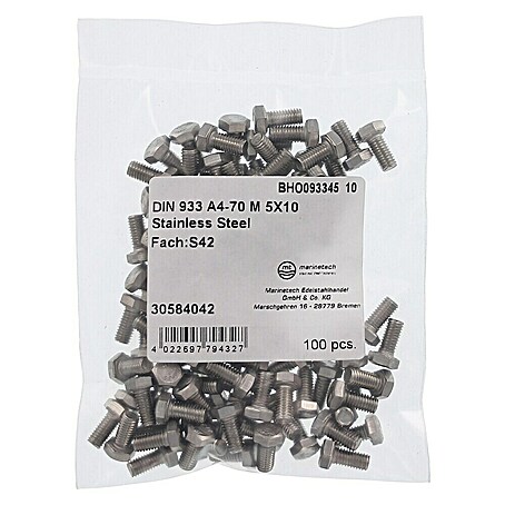 Marinetech Sechskantschraube (M 5, Länge: 10 mm, Edelstahl, A4, 100 Stk.)