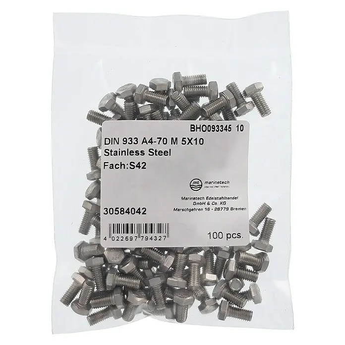 Marinetech Sechskantschraube - M 5, Länge: 10 mm, Edelstahl, A4, 100 Stk. - Eine Packung mit 100 Edelstahl-Sechskantschrauben (DIN 933 A4-70 M 5X10) von Marinetech, ideal für verschiedene Anwendungen.
