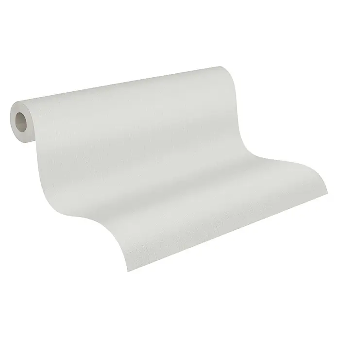 A.S. Création Trendwall 2 Vliestapete - Hellgrau, Uni, 10,05 x 0,53 m - Nahaufnahme einer Rolle strukturierten weißen Vinyltapete, die sich leicht von der Rolle abwickelt, Textur deutlich sichtbar.