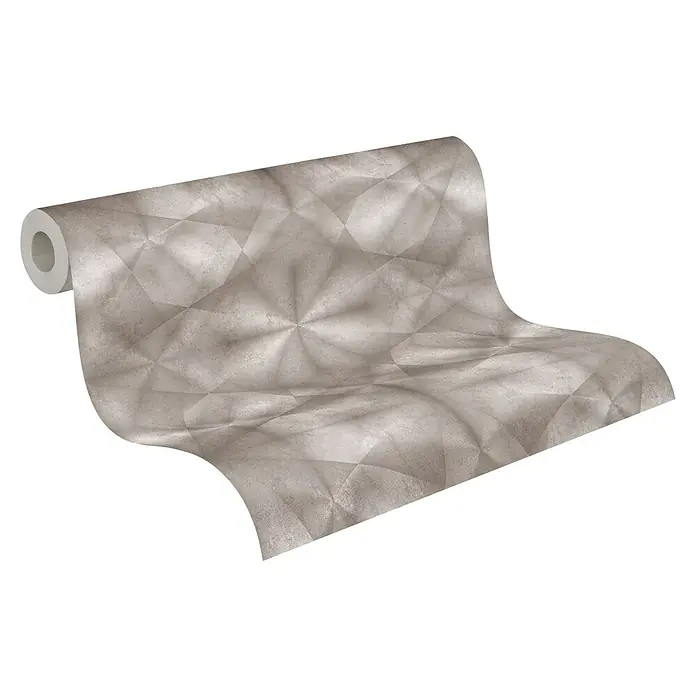 A.S. Création My Home My Spa Vliestapete Hologramm - Grau/Beige, 3D-Optik, 10,05 x 0,53 m - Nahaufnahme einer Rolle beiger, metallisch schimmernder Vinyltapete mit einem geprägten, geometrischen Muster auf schwarzem Hintergrund.