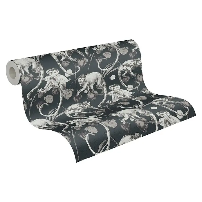 A.S. Création Michalsky 4 Vliestapete Allover mit Affen - Schwarz/Grau, Tieroptik, 10,05 x 0,53 m - Aufgerollte Tapete mit einem verspielten Muster aus Äffchen und exotischen Pflanzen, ideal für kreative Wandgestaltungen in jedem Raum.