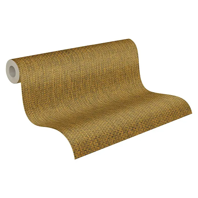 A.S. Création Hygge 2 Vliestapete Bambusstruktur - Gelb/Gold, Uni, 10,05 x 0,53 m - Eine Rolle gemustertes Vliestapete mit einer natürlichen Webstruktur in warmen Brauntönen für eine gemütliche Wandgestaltung.