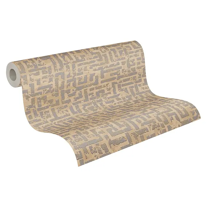 A.S. Création My Home My Spa Vliestapete Tetris - Beige/Metallic, Grafisch, 10,05 x 0,53 m - Eine Rolle Tapete mit einem abstrakten, labyrinthartigen Muster in Beige- und Grautönen, ideal für stilvolle Innenräume.