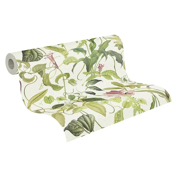 A.S. Création Michalsky 4 Vliestapete Allover mit Ranken - Grün/Weiß, Floral, 10,05 x 0,53 m - Ein detailreicher botanischer Rollen-Tapetenentwurf mit üppigen grünen Pflanzen und zarten rosa Blüten auf einem hellen Hintergrund.