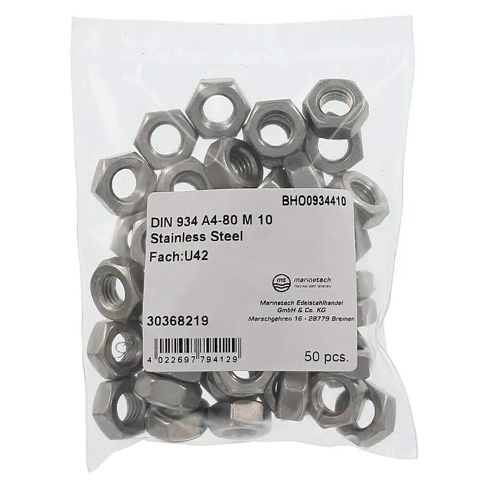 Marinetech Sechskantmutter - M 10, Edelstahl, A4, 50 Stk. - Ein Beutel mit 50 rostfreien DIN 934 A4-80 M 10 Sechskantmuttern von Marinetech Edelstahlhandel.