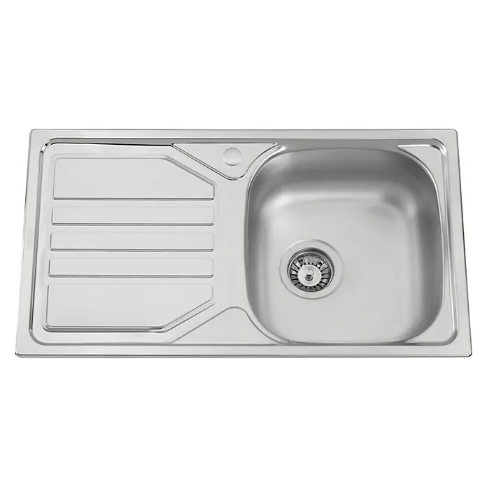 Rodi Fregadero encastrable Okio 78 1C+1E - 43,5 x 78 cm, Acero inoxidable, Escurridor a la izquierda - Un fregadero de acero inoxidable con escurridor, perfecto para cualquier cocina. Su robusta construcción asegura durabilidad y fácil limpieza.