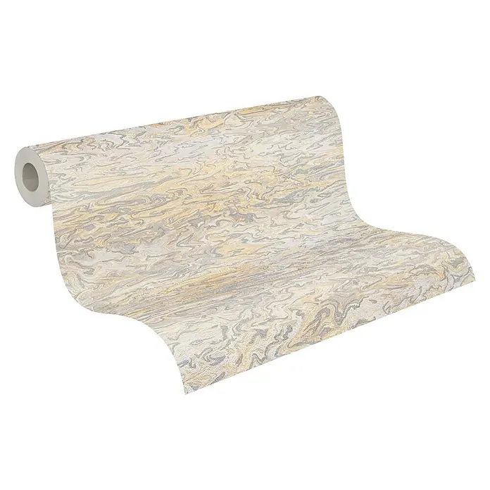 A.S. Création My Home My Spa Vliestapete Marmor - Creme/Gelb, Steinoptik, 10,05 x 0,53 m - Nahaufnahme einer Rolle Vinyltapete mit einem abstrakten Marmormuster in Beige- und Grautönen, ideal für die moderne Wandgestaltung.