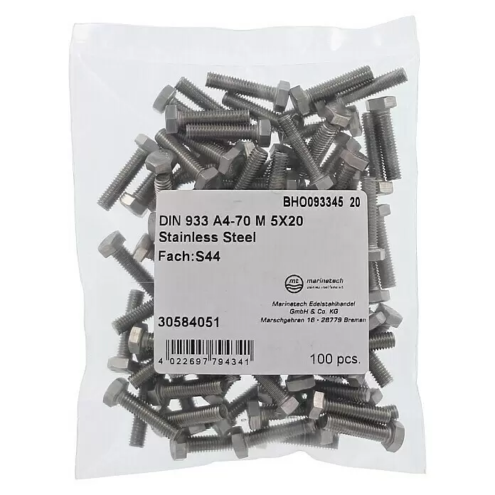 Marinetech SechskantschraubeM 5, Länge: 20 mm, Edelstahl, A4, 100 Stk.