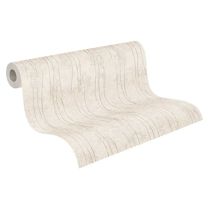 A.S. Création Hygge 2 Vliestapete Bäume - Helltaupe, Floral, 10,05 x 0,53 m - Nahaufnahme einer stilvollen Tapetenrolle mit einem zarten Birkenwald-Design in beruhigenden Naturtönen, perfekt für moderne Wohnräume.