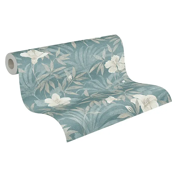 A.S. Création Cuba Vliestapete Blume - Beige/Blau, Floral, 10,05 x 0,53 m - Eine Rolle floral gemusterter Tapete mit tropischen Blättern und weißen Blüten in einem beruhigenden Farbton. Verschönern Sie Ihr Zuhause mit dieser Tapete.