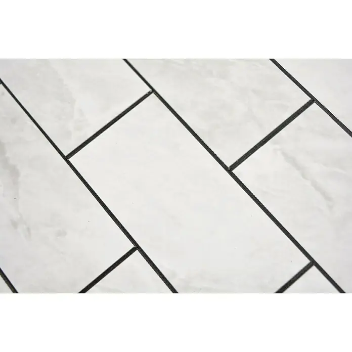 Selbstklebemosaik SAM 4SW11CLG - 29,5 x 29 cm, Weiß, Glänzend - Nahaufnahme von weißen rechteckigen Fliesen mit dunklen Fugenlinien, die ein modernes und sauberes Design für Badezimmer und Küchen zeigen.