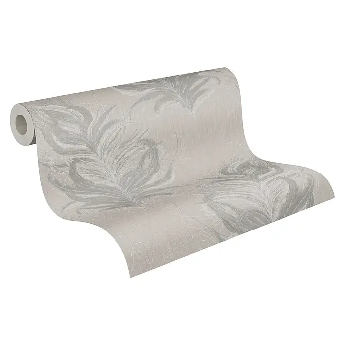 A.S. Création Mata Hari Vliestapete Federn - Beige/Grau, Tieroptik, 10,05 x 0,53 m - Elegante Tapetenrolle mit abstraktem Federmuster in sanften Grautönen, ideal für eine stilvolle Wandgestaltung.