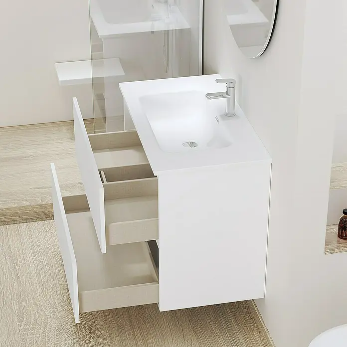 Artysan Conjunto de mueble de baño Basic 2C - Ancho: 80 cm, Ancho total del mueble de baño: 80 cm, Blanco, Mate, 3 pzs. - Un moderno lavabo de baño blanco con cajones abiertos y un elegante grifo. Diseño elegante para cualquier baño.
