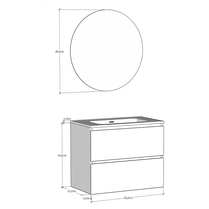 Artysan Conjunto de mueble de baño Basic 2C - Ancho: 80 cm, Ancho total del mueble de baño: 80 cm, Roble waira, 3 pzs. - Imagen de un conjunto de baño que incluye un espejo redondo (80cm) y un mueble de lavabo (80x43x64cm) con dos cajones.