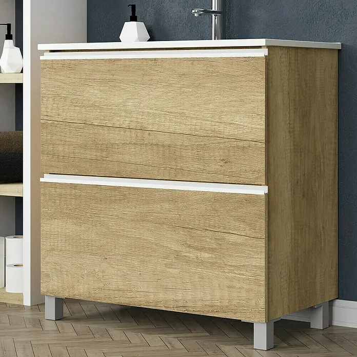Artysan Mueble bajo de lavabo Barcelona 2C - L x An x Al: 44,6 x 80 x 83,3 cm, Nature - Mueble de lavabo moderno con diseño de madera y detalles blancos, ideal para un baño elegante.