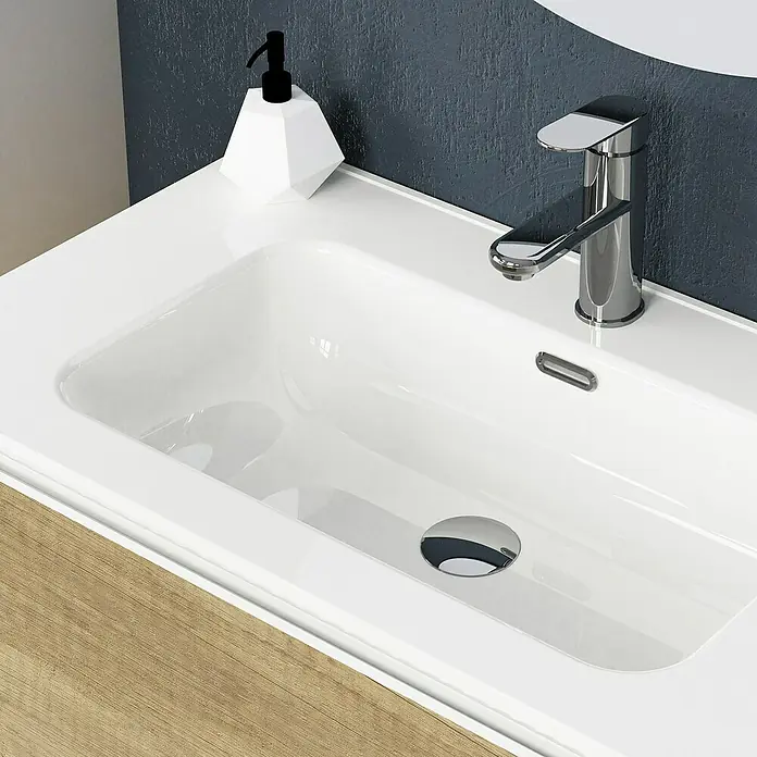 Artysan Mueble bajo de lavabo Barcelona 2C - L x An x Al: 44,6 x 80 x 83,3 cm, Nature - Lavabo moderno con grifo cromado y dispensador de jabón. El lavabo es de cerámica blanca.