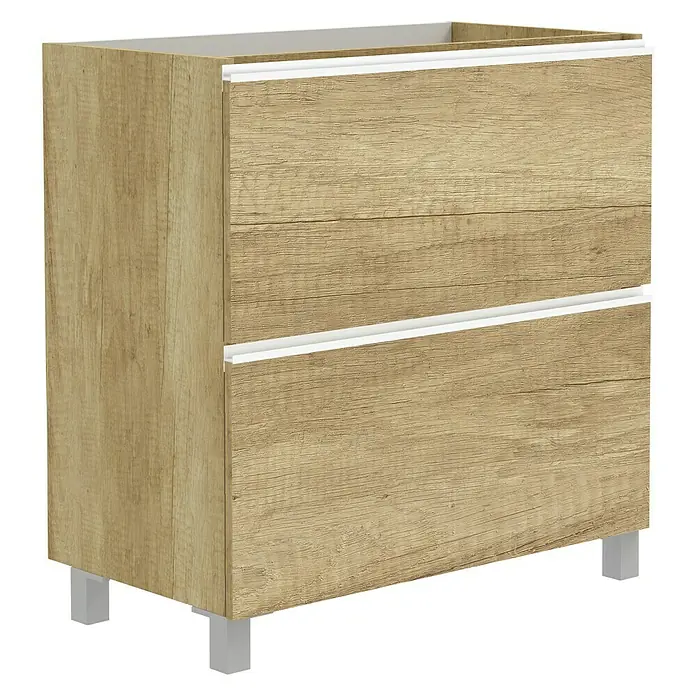 Artysan Mueble bajo de lavabo Barcelona 2C - L x An x Al: 44,6 x 80 x 83,3 cm, Nature - Mueble de baño color madera con dos cajones y detalles blancos. Un elegante y funcional mueble bajo lavabo para el baño.