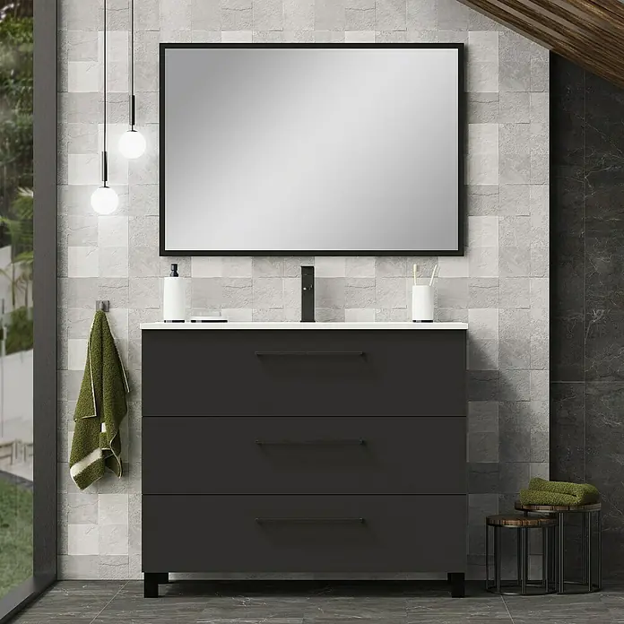 Artysan Mueble bajo de lavabo Arosa 3C - L x An x Al: 44,6 x 100 x 83,3 cm, Negro - La imagen muestra un elegante mueble de baño con tres cajones, una encimera blanca y un espejo rectangular.