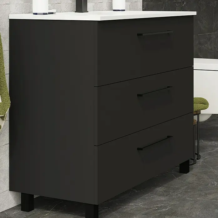 Artysan Conjunto de mueble de baño Arosa 3C - Ancho: 100 cm, 3 pzs., Negro, Mate - Elegante mueble de baño con tres cajones en negro y encimera blanca. Diseño elegante para cualquier baño.