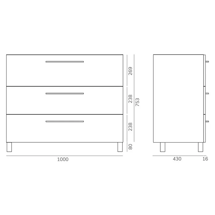 Artysan Mueble bajo de lavabo Arosa 3C - L x An x Al: 44,6 x 100 x 83,3 cm, Musgo - Una ilustración esquemática de una cómoda con tres cajones, indicando las dimensiones del mueble.