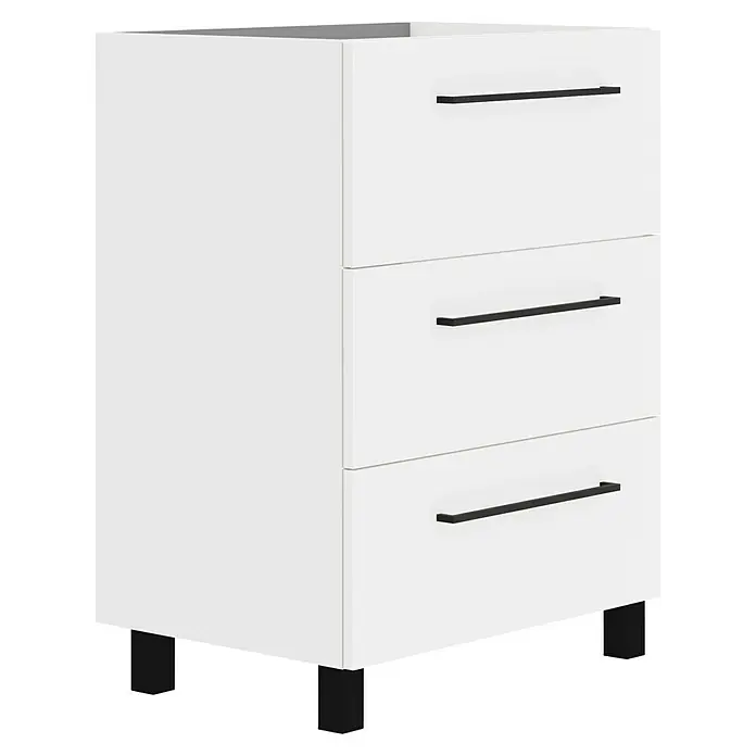 Artysan Mueble bajo de lavabo Arosa 3C - L x An x Al: 44,6 x 60 x 83,3 cm, Blanco - Unidad de cajones blanca con tres cajones con tiradores negros, ideal para almacenamiento adicional.