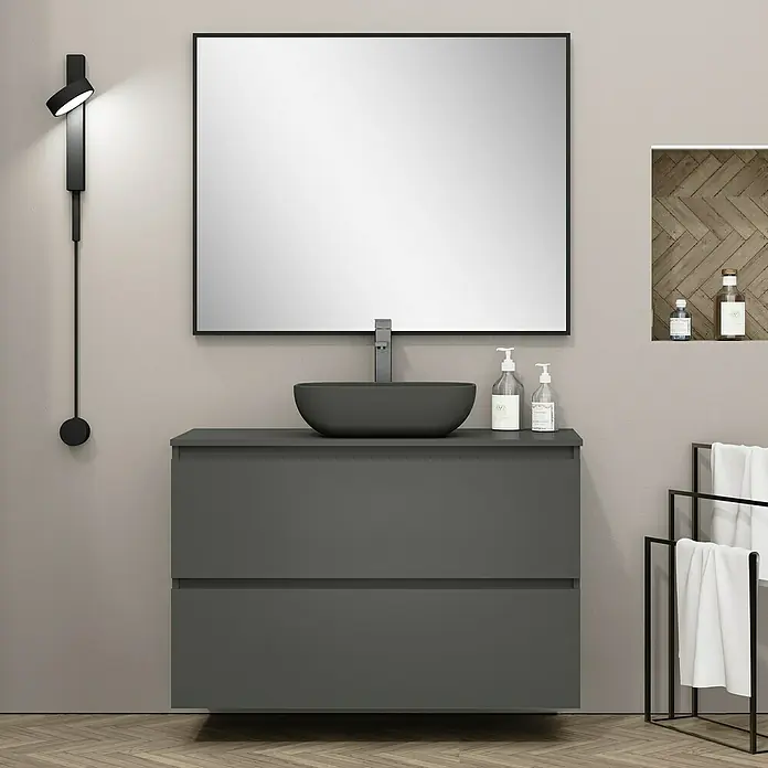 Artysan Mueble bajo de lavabo Kenia Top - Ancho: 100 cm, Antracita - Mueble de baño con consola de doble lavabo gris, lavabo sobre encimera, espejo y aplique para un ambiente moderno.