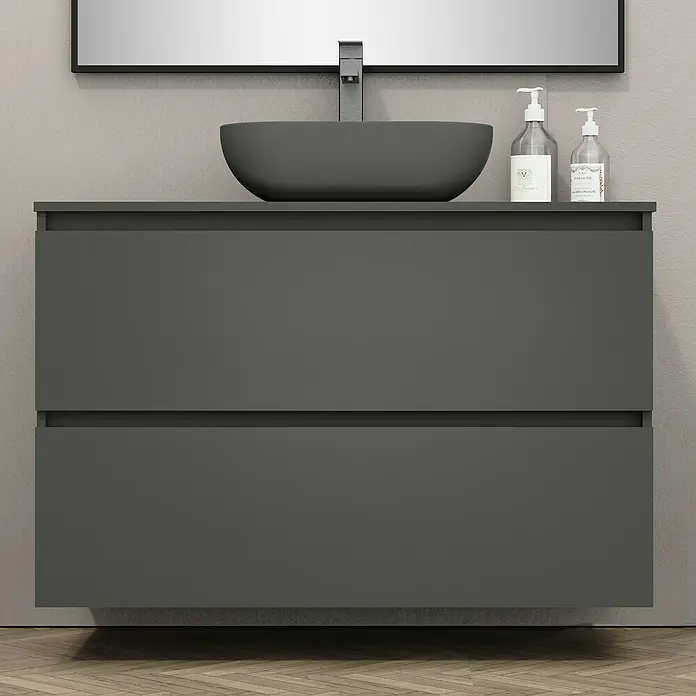 Artysan Mueble bajo de lavabo Kenia Top - Ancho: 100 cm, Antracita - Un tocador gris moderno con dos cajones, un lavabo sobre encimera y accesorios para un diseño de baño elegante.
