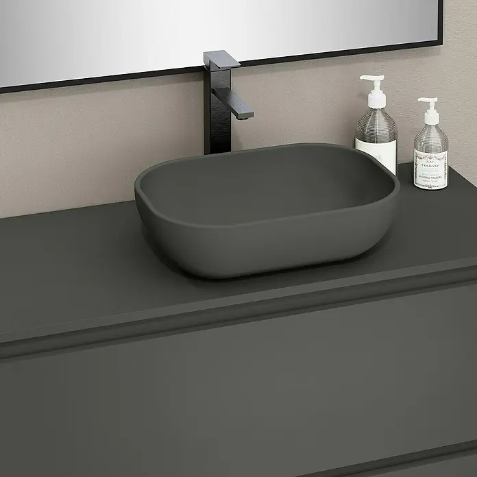 Artysan Mueble bajo de lavabo Kenia Top - Ancho: 100 cm, Antracita - Elegante lavabo en gris con grifo y dispensadores de jabón para un diseño de baño elegante.