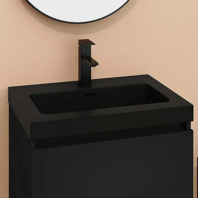 Artysan Conjunto de mueble de baño Kenia - Ancho: 60 cm, Ancho total del mueble de baño: 60 cm, Negro, Mate, 2 pzs. - Un elegante lavabo negro con un grifo moderno debajo de un espejo redondo, perfecto para cualquier baño.