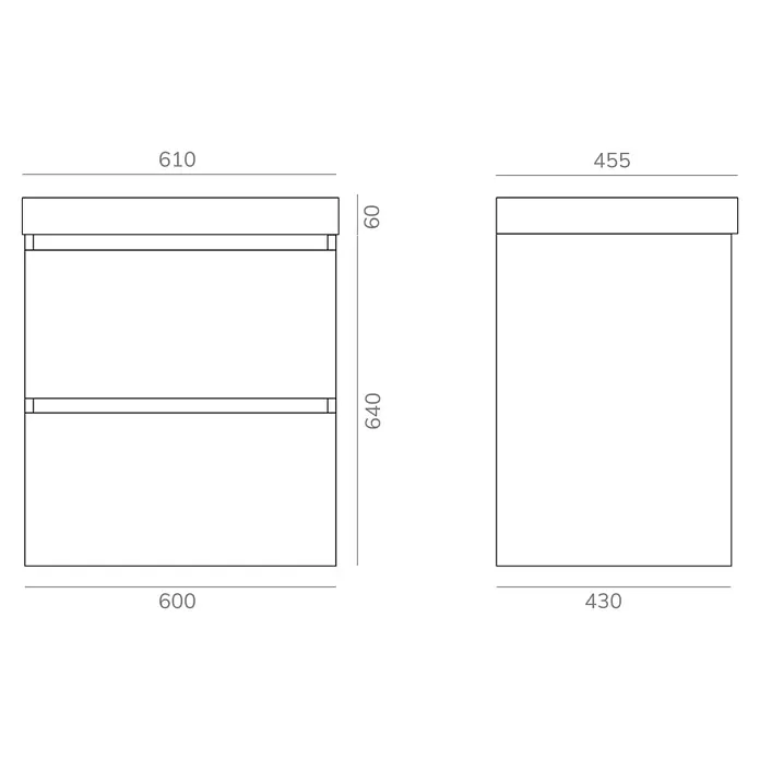 Artysan Conjunto de mueble de baño Kenia - Ancho: 60 cm, Ancho total del mueble de baño: 60 cm, Antracita, Mate, 2 pzs. - Dibujo de un mueble de baño con dimensiones, que ofrece una vista detallada de su tamaño y especificaciones de diseño.