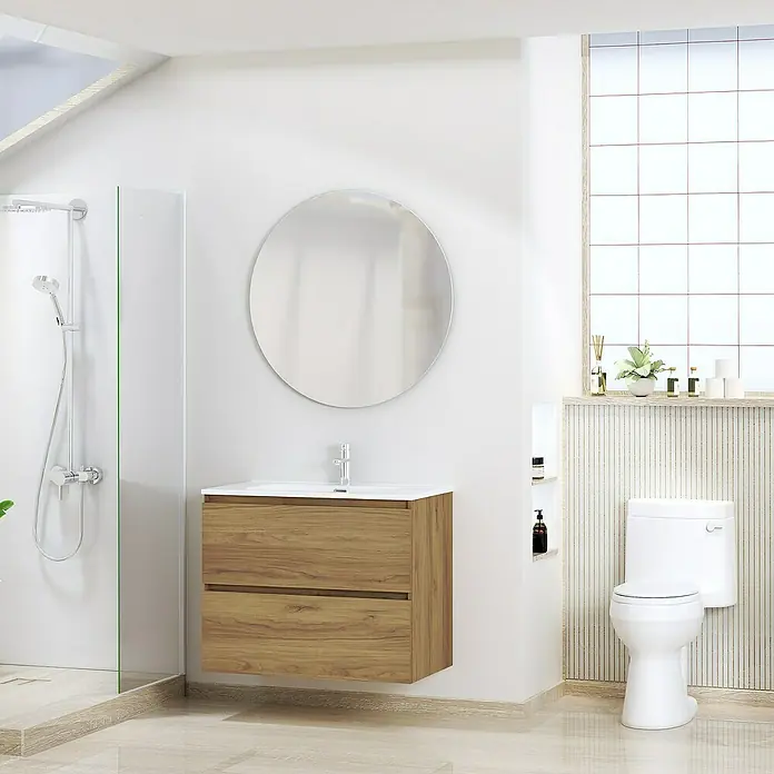 Artysan Conjunto de mueble de baño Basic 2C - Ancho: 80 cm, Ancho total del mueble de baño: 80 cm, Roble waira, 3 pzs. - Cuarto de baño moderno con tocador de madera, espejo redondo, ducha e inodoro. Diseño limpio para un ambiente elegante.