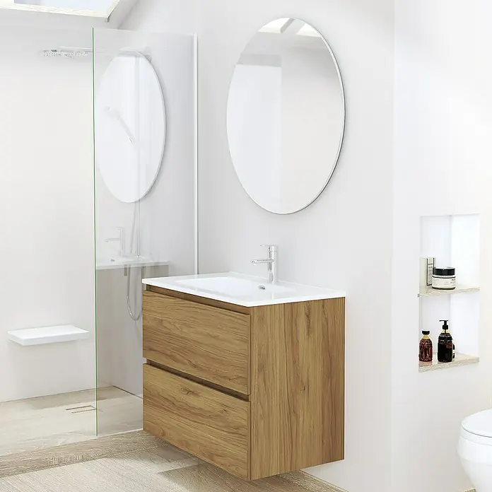Artysan Conjunto de mueble de baño Basic 2C - Ancho: 80 cm, Ancho total del mueble de baño: 80 cm, Roble waira, 3 pzs. - Un moderno tocador de baño con aspecto de madera con lavabo y espejo redondo, que combina estilo y funcionalidad.