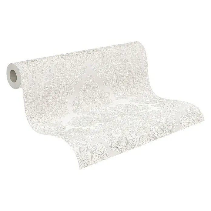 A.S. Création My Home My Spa Vliestapete Damask Paisley - Grau, Ornament, 10,05 x 0,53 m - Nahaufnahme einer Rolle weißer Tapete mit filigranem Muster, die Eleganz und subtile Textur für stilvolle Raumgestaltung bietet.